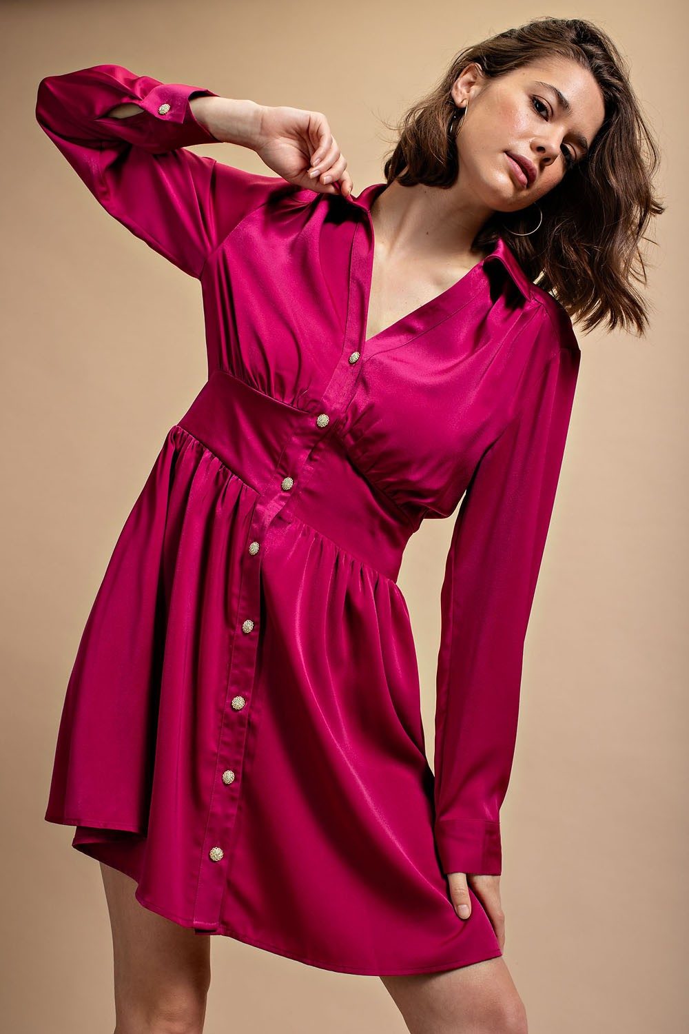 Berry Satin Button Down Shirt Dress With Jeweled Buttons