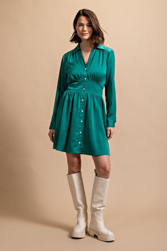 long sleeve satin button down dress Jade Satin Button Down Shirt Dress With Jeweled Buttons – Aquarius Brand