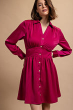 Berry Satin Button Down Shirt Dress With Jeweled Buttons