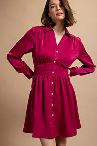 Berry Satin Button Down Shirt Dress With Jeweled Buttons