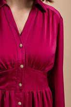 Berry Satin Button Down Shirt Dress With Jeweled Buttons
