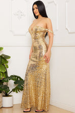 Gold Sequin Off The Shoulder Maxi Dress