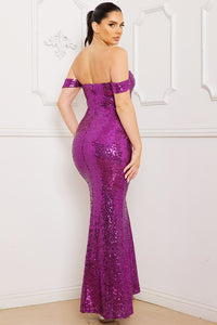 Magenta Sequin Off The Shoulder Maxi Dress
