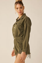 Olive Distressed Hem Color Longsleeve Denim Romper