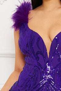 Purple Sequin Scroll-Lace Patterned Mini Dress