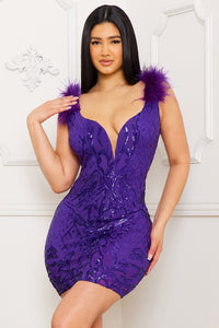 Purple Sequin Scroll-Lace Patterned Mini Dress