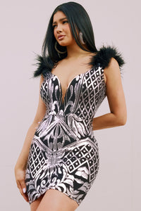 Black/Silver Sequin Scroll-Lace Patterned Mini Dress