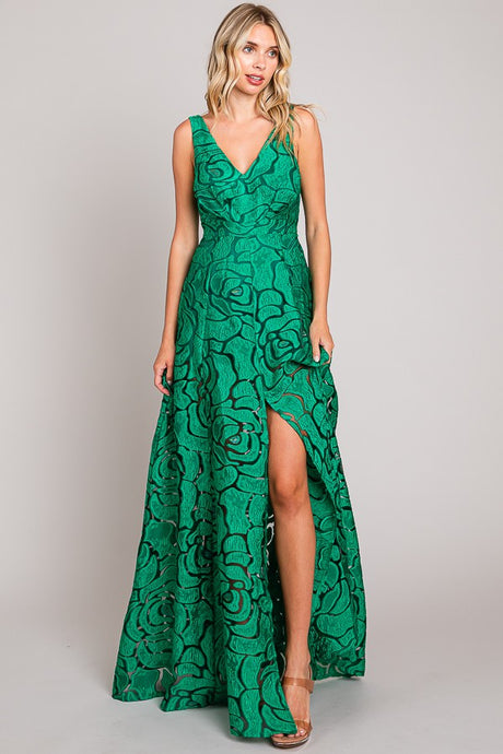Kelly Green Jacquard Print Fabric Long Dress