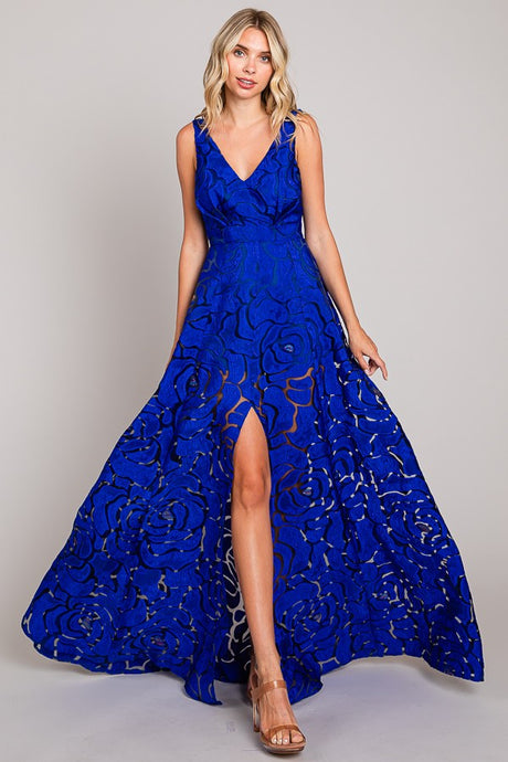 Royal Blue Jacquard Print Fabric Long Dress