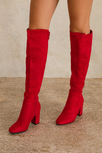 Red Women's Faux Suede Block Heel Knee High Boot