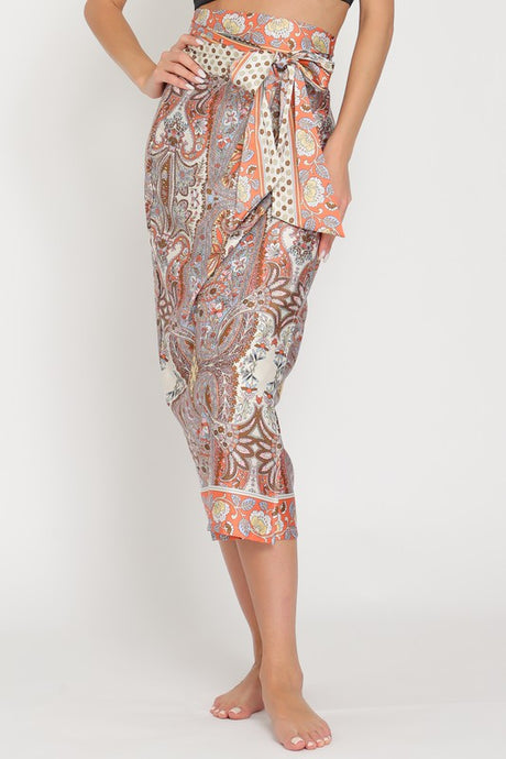 Camel/Tangerine High Waisted Wrap Satin Midi Skirt