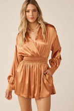Bronze Long Sleeve Silk Dress With Waist Banded In V Neck