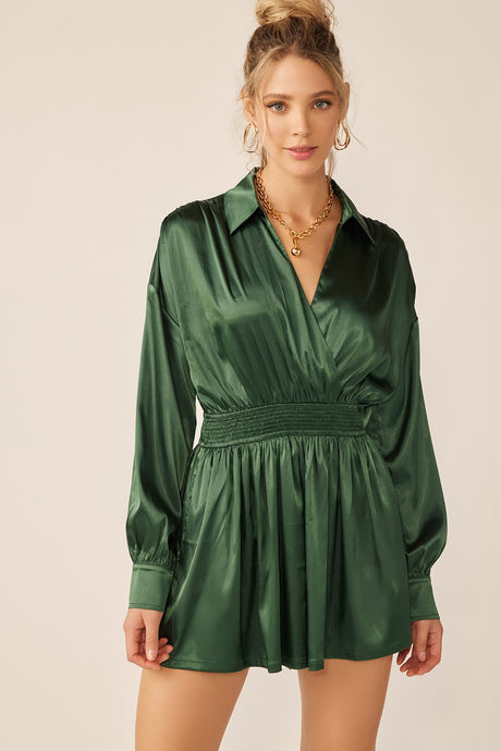 Deep Green Long Sleeve Silk Dress With Waist Banded In V Neck