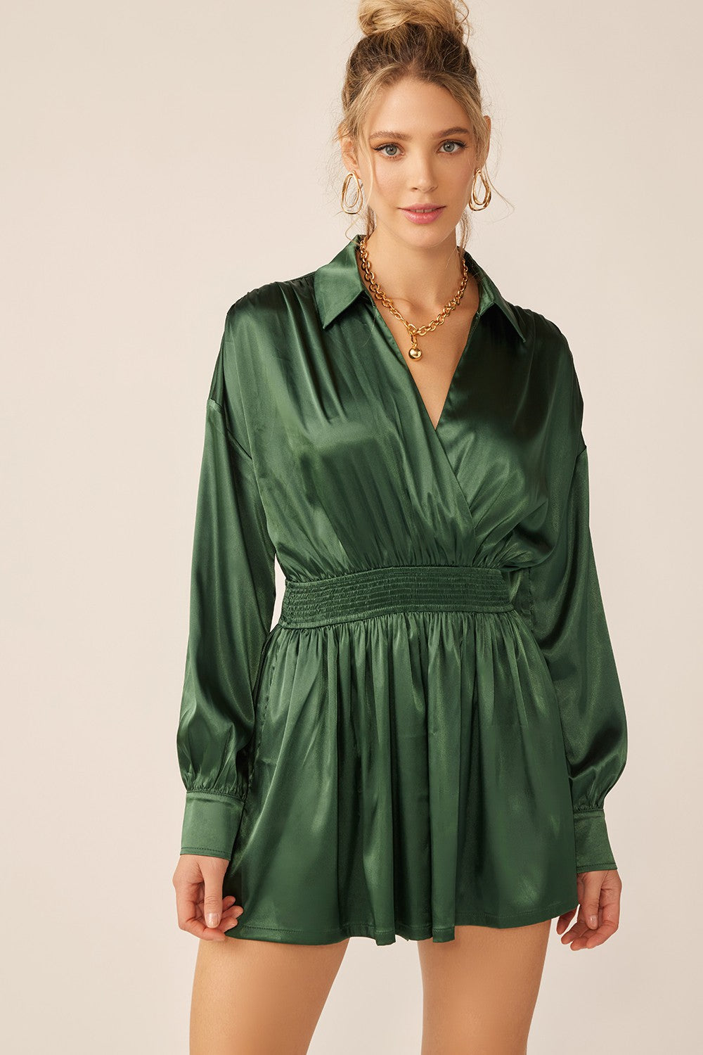Deep Green Long Sleeve Silk Dress With Waist Banded In V Neck