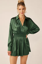 Deep Green Long Sleeve Silk Dress With Waist Banded In V Neck