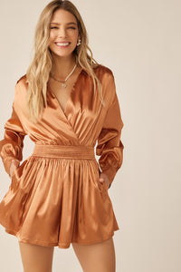 Bronze Long Sleeve Silk Dress With Waist Banded In V Neck