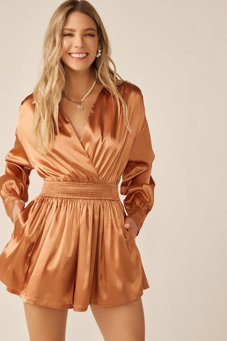 Bronze Long Sleeve Silk Dress With Waist Banded In V Neck