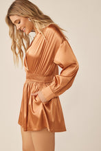 Bronze Long Sleeve Silk Dress With Waist Banded In V Neck