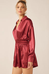 Red Dahlia Long Sleeve Silk Dress With Waist Banded In V Neck