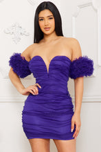 Purple Glitered Layered Puff Ruffle Sleeve Mini Dress