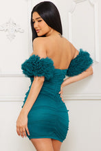 Teal Glitered Layered Puff Ruffle Sleeve Mini Dress