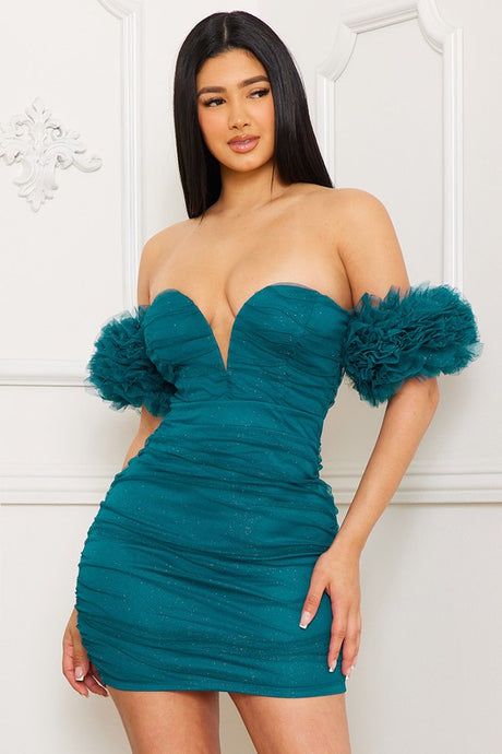 Teal Glitered Layered Puff Ruffle Sleeve Mini Dress