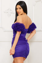Purple Glitered Layered Puff Ruffle Sleeve Mini Dress