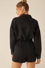 Washed Black Elastic Waist Button Down Pocketed Collared Romper