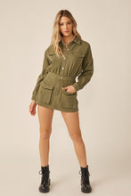 Olive Elastic Waist Button Down Pocketed Collared Romper