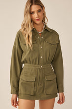 Olive Elastic Waist Button Down Pocketed Collared Romper
