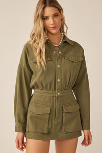 Olive Elastic Waist Button Down Pocketed Collared Romper