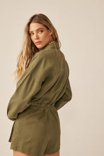 Olive Elastic Waist Button Down Pocketed Collared Romper