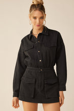 Washed Black Elastic Waist Button Down Pocketed Collared Romper