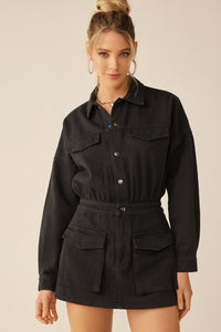 Washed Black Elastic Waist Button Down Pocketed Collared Romper