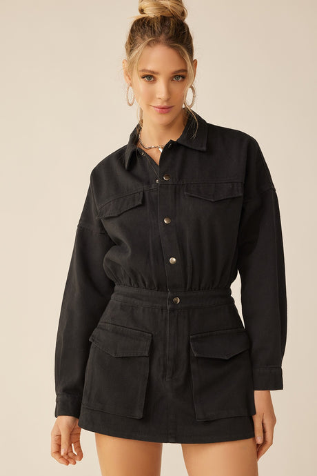 Washed Black Elastic Waist Button Down Pocketed Collared Romper