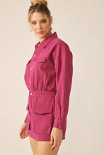 Magenta Elastic Waist Button Down Pocketed Collared Romper