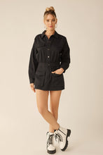 Washed Black Elastic Waist Button Down Pocketed Collared Romper