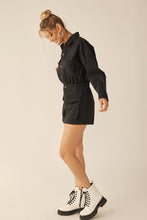 Washed Black Elastic Waist Button Down Pocketed Collared Romper