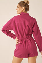 Magenta Elastic Waist Button Down Pocketed Collared Romper