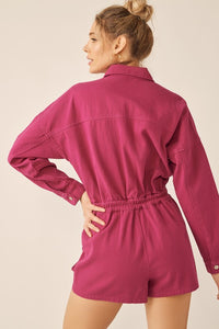 Magenta Elastic Waist Button Down Pocketed Collared Romper