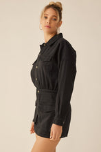 Washed Black Elastic Waist Button Down Pocketed Collared Romper