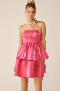 Hot Pink Strapless Layered Silk Mini Dress