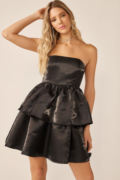 Black Strapless Layered Silk Mini Dress