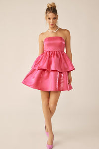 Hot Pink Strapless Layered Silk Mini Dress