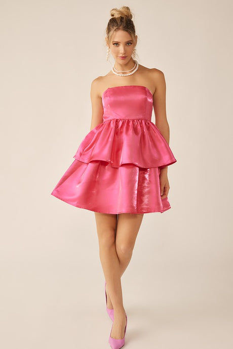 Hot Pink Strapless Layered Silk Mini Dress