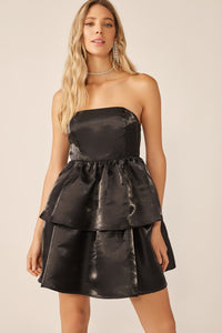 Black Strapless Layered Silk Mini Dress