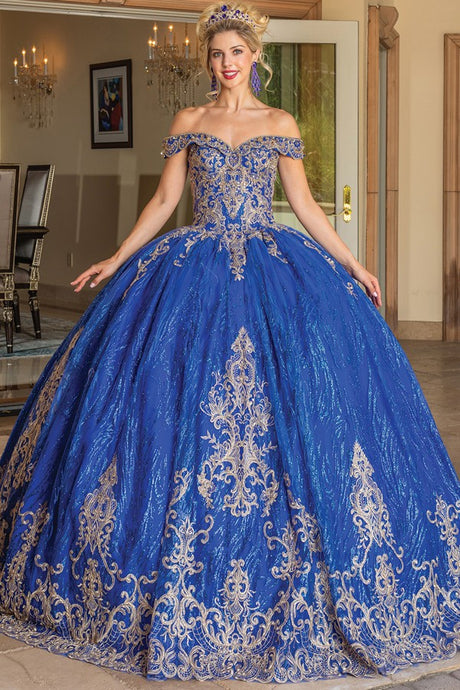 Royal Blue Off Shoulder Embellished Quince Ball Gown
