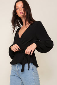 Black Brooklyn Airflow Surplice Top With Self Tie