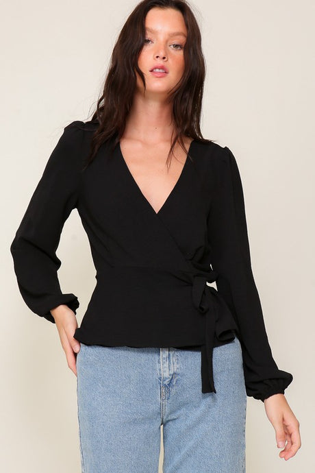 Black Brooklyn Airflow Surplice Top With Self Tie