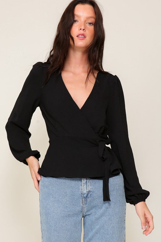 Black Brooklyn Airflow Surplice Top With Self Tie